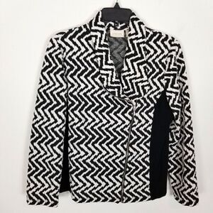 Chico's Women Zig Zag Chevron Stripe Moto Style Knit Jacket Sz L Black White